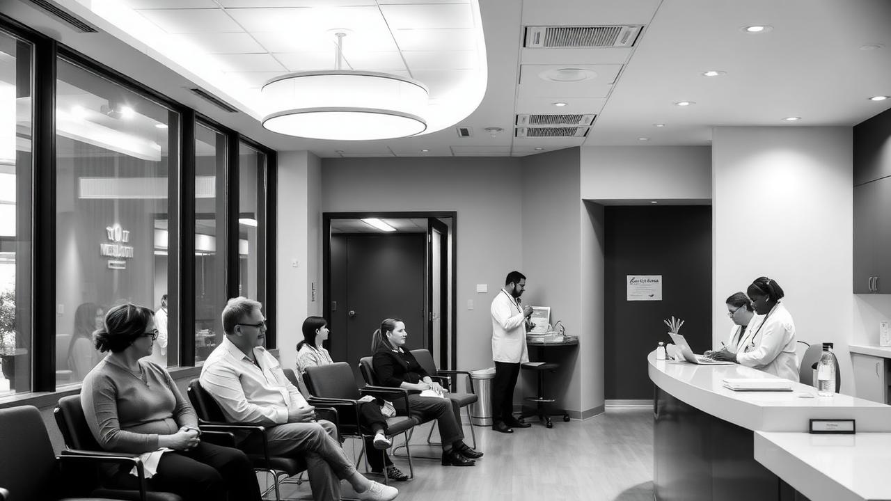 Modern medical practice lobby with patients and staff