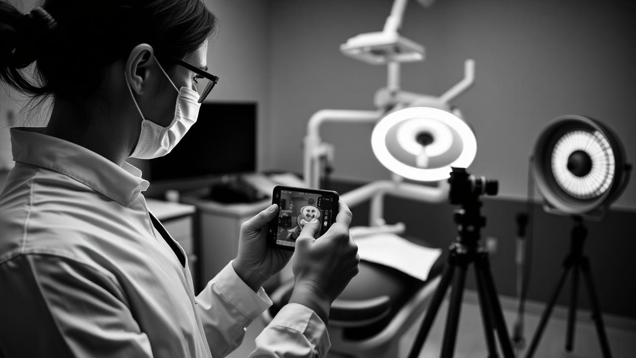 Dental professional filming procedure on smartphone with ring light
