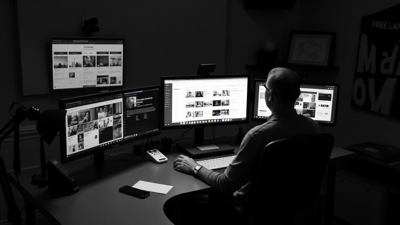 Social media manager at desk with multiple monitors showing content