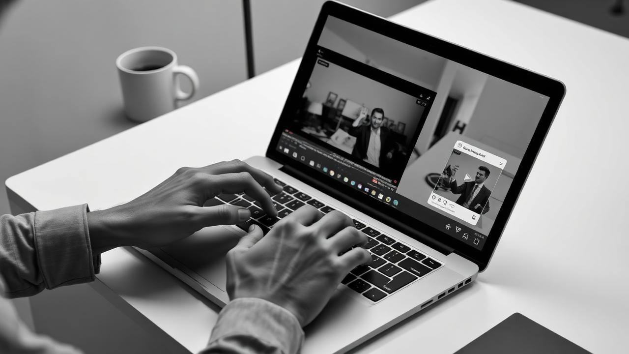 Person editing video content on laptop with social media on screen