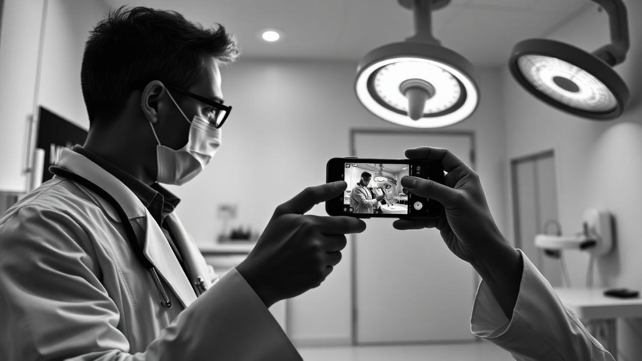Doctor filming social media content on smartphone in medical office