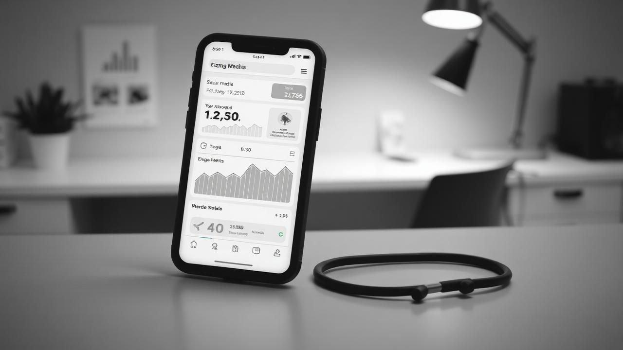 Smartphone showing social media analytics on medical office desk