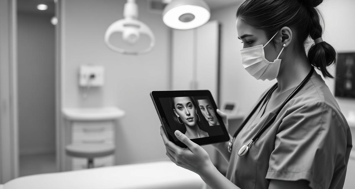 Cosmetic surgeon reviewing before and after photos on tablet