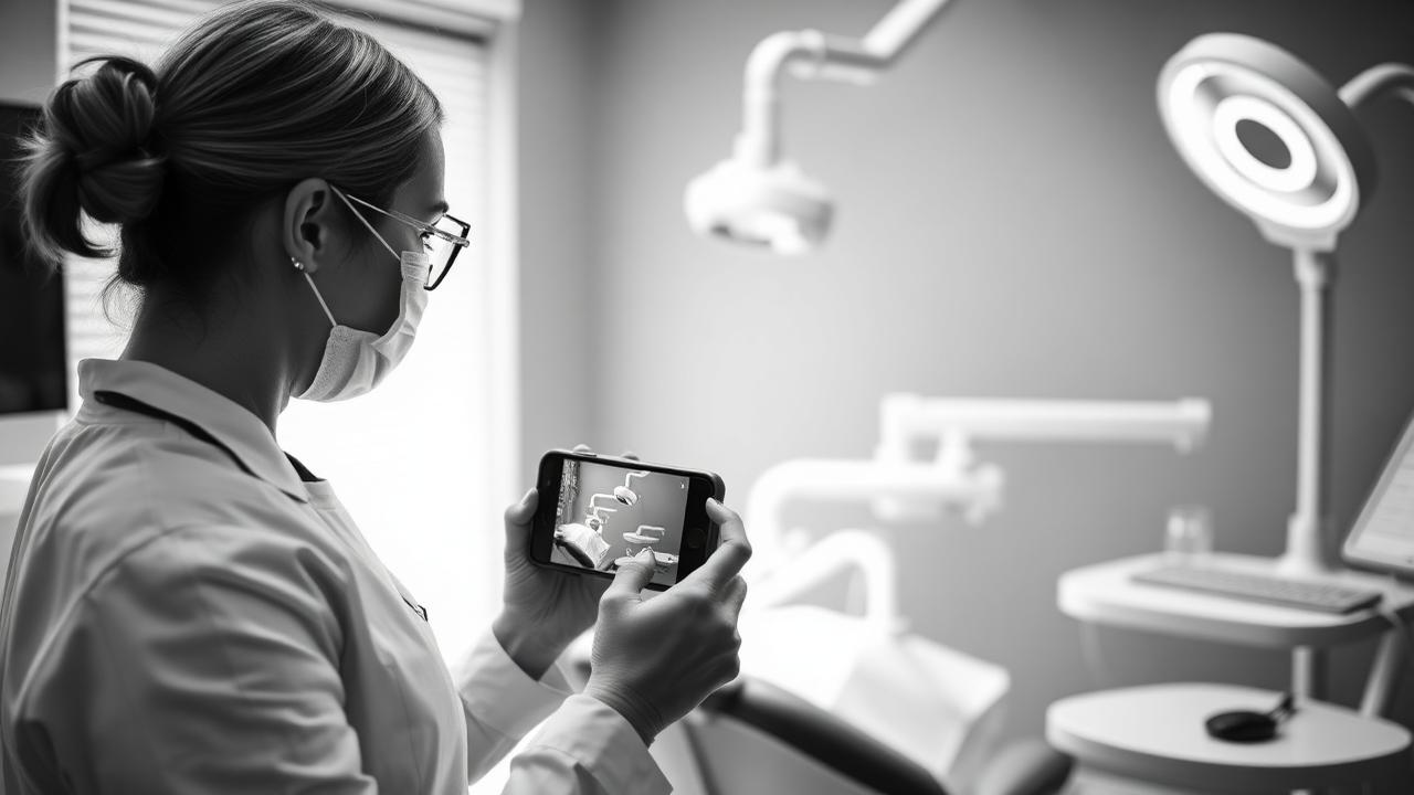 Dental assistant filming a procedure on smartphone in operatory