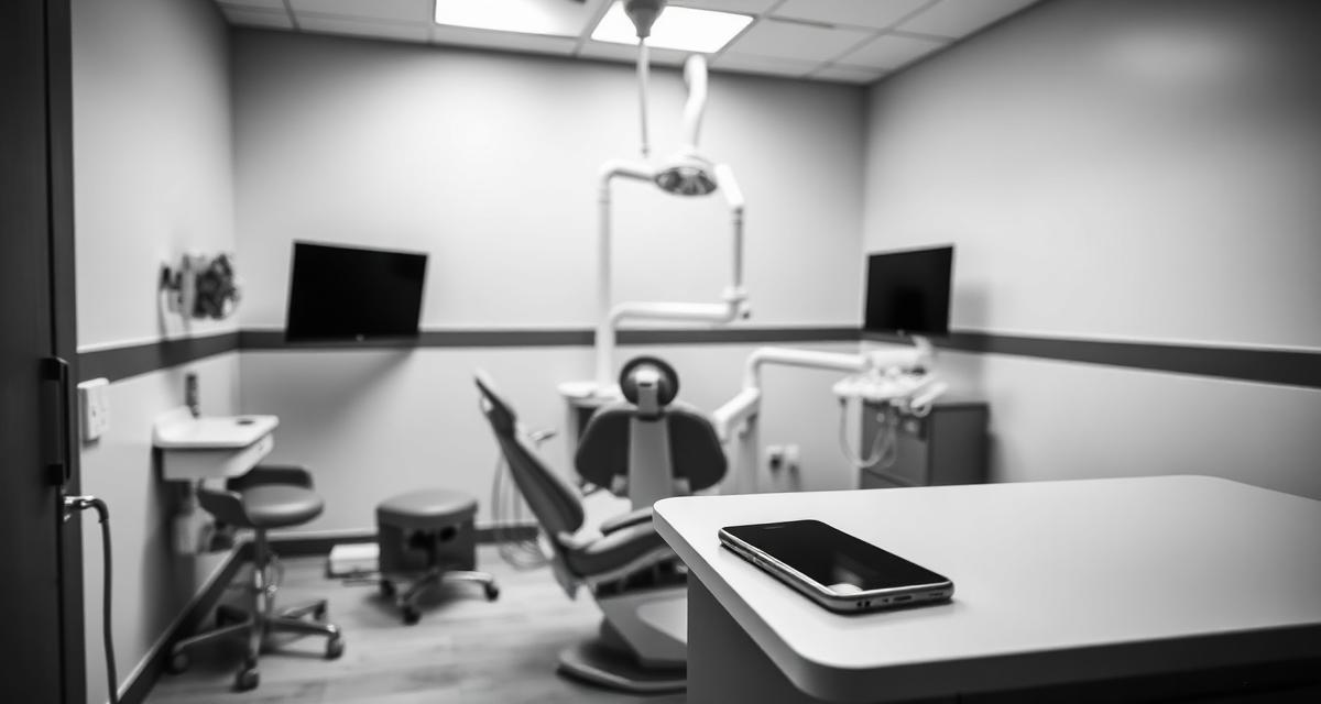 Modern dental office operatory with smartphone on counter