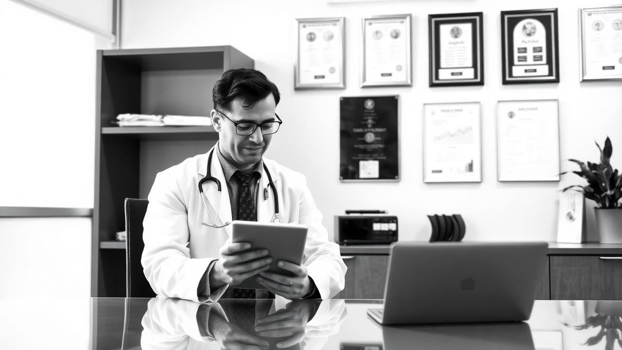 Doctor reviewing social media analytics on tablet