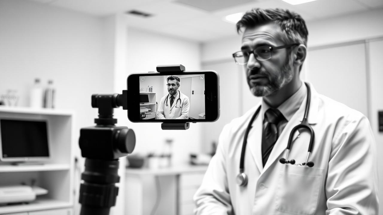 Doctor filming social media content in medical office