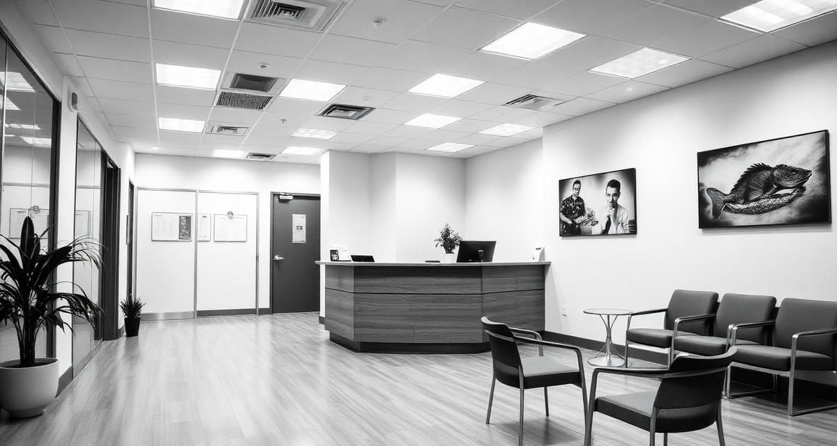 Modern medical practice waiting room and reception desk