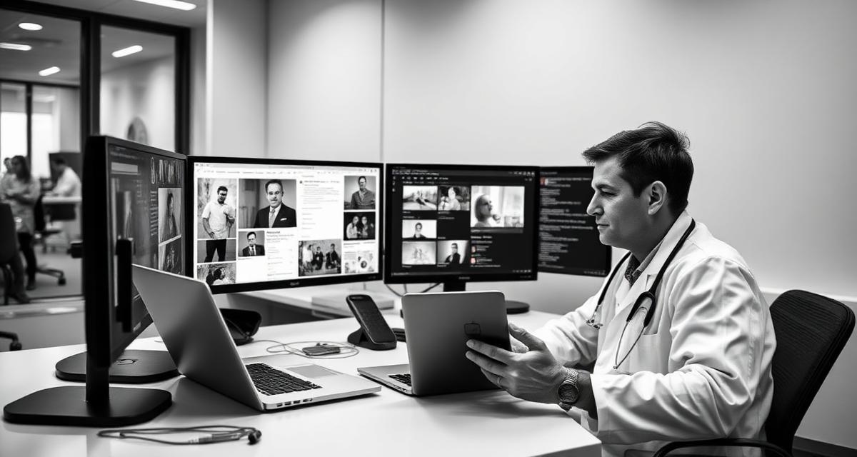Medical professional reviewing social media content on screens