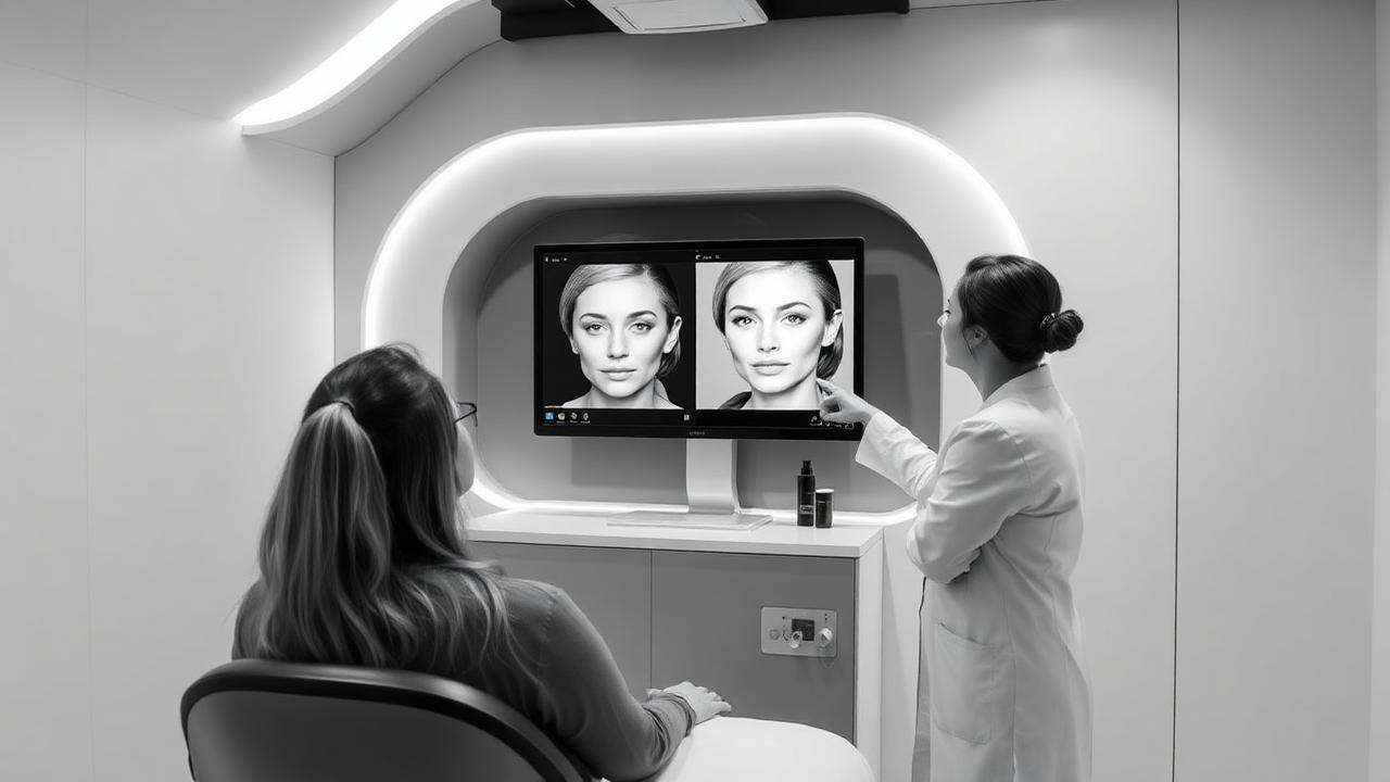 Medspa client reviewing before and after results on screen